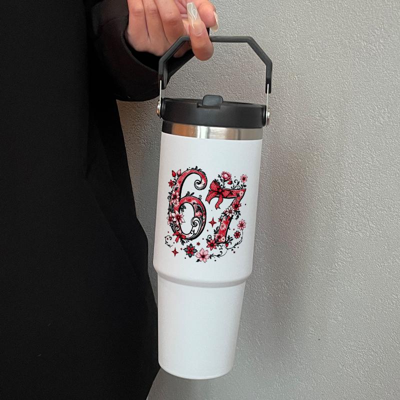 30oz Handheld Insulated Cup with Rose Pattern, Large Capacity Stainless Steel Water Bottle with Straw, Ideal for Sports Outdoor Home Travel Gift