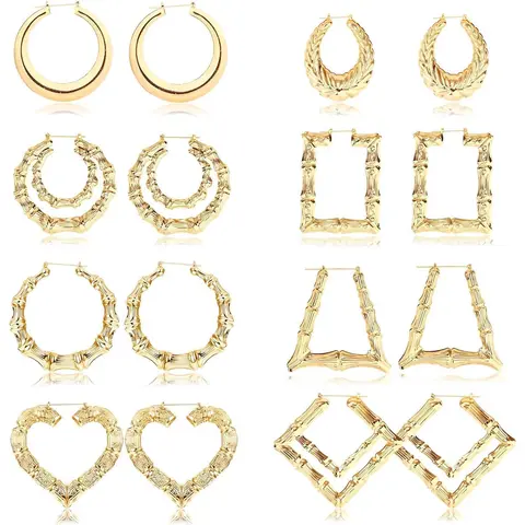 CASSIECA 8Pair Bamboo Geometric Statement Earrings Set, Handmade Artificial Gemstone Jewelry with Large Different Shapes, Chunky Bling Accessories for Women for Party, Daily Wear Sohochic
