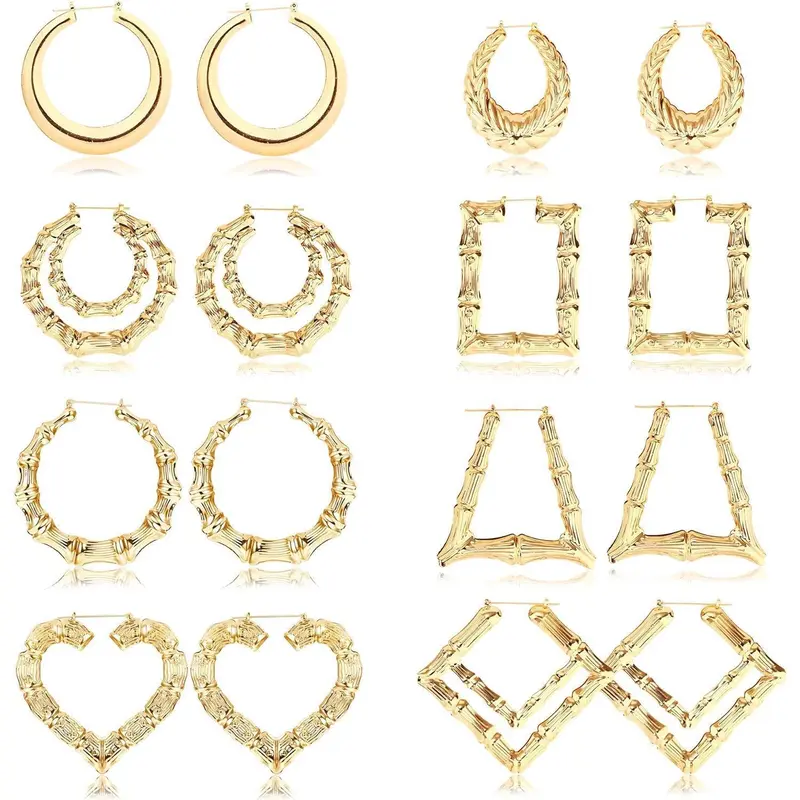 CASSIECA 8Pair Bamboo Geometric Statement Earrings Set, Handmade Artificial Gemstone Jewelry with Large Different Shapes, Chunky Bling Accessories for Women for Party, Daily Wear Sohochic