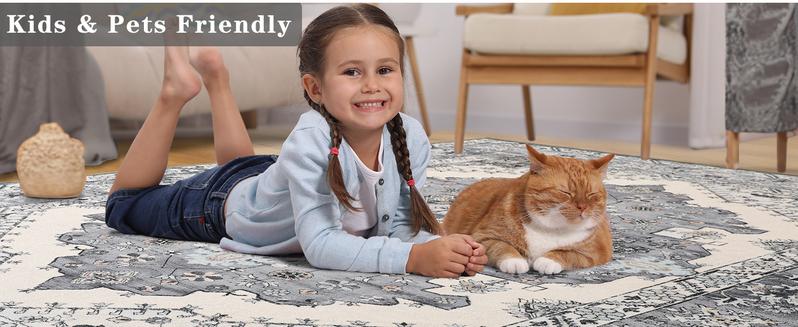 9x11 Feet Orang Machine Washable Vintage Area Rug Non-Slip Low Pile Large Rug For Living Room, Bedroom, Farmhouse, Dining Room, 5x8, 7x10 Feet