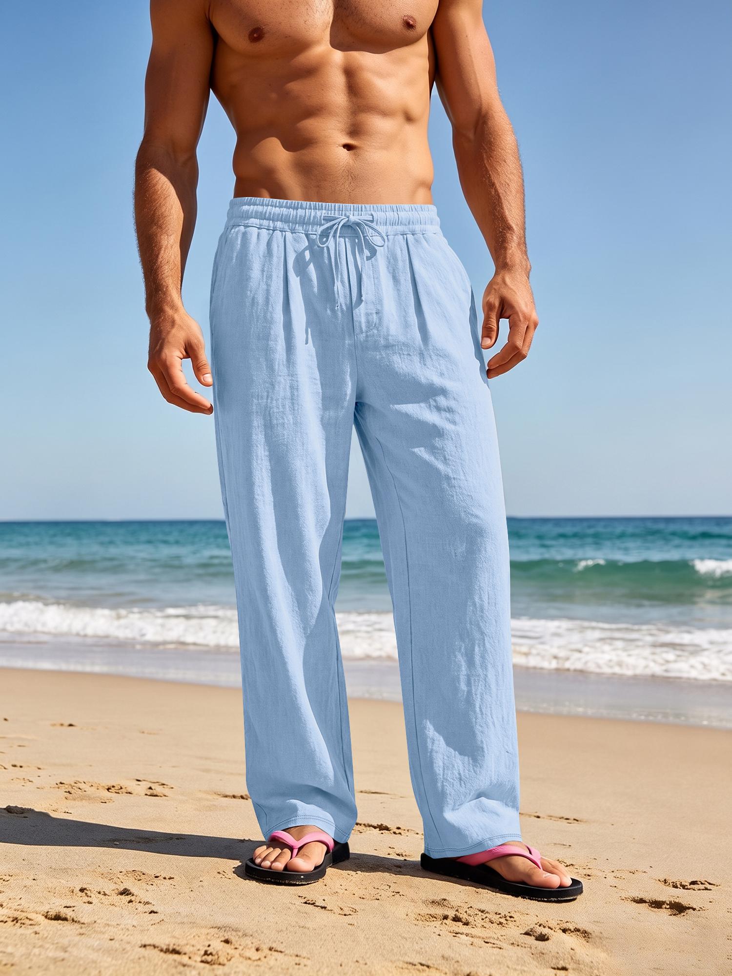 Men's Linen Long Plain Casual Drawstring Waist Trousers Pants, Breathable Tropical Summer Wear, Perfect for Beach, Travel and Commute, Fashionable Bottoms for Men, Casual Comfy Trousers