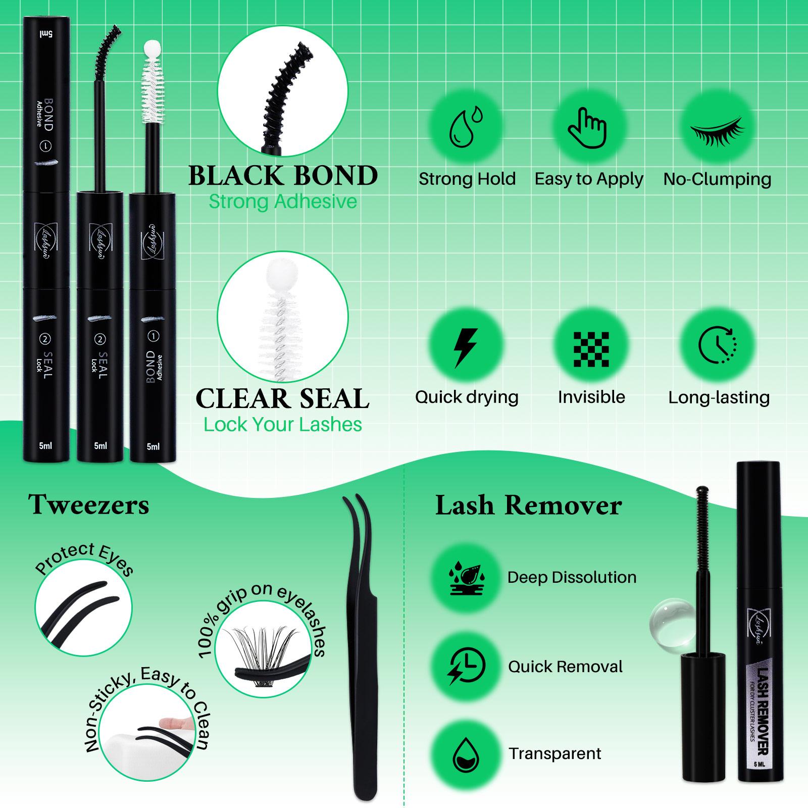 1480PCS/650PCS/640PCS Lash Clusters Kit D Curl 9 Styles Bottom/Spikes/Natural/Anime Lashes Kit with Bond&Seal Lash Remover Brush Lash Applicator Headband Wristband set, Individual Eyelash Kit, DIY Eyelash Kit, Lash Extensions Kit, For Beginners&Proficient