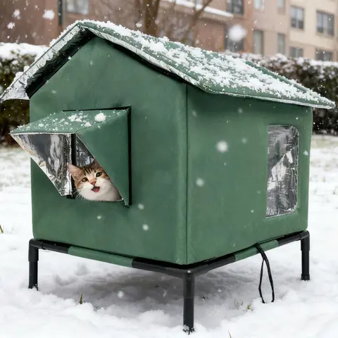 Elevated Waterproof Outdoor Cat House - Foldable Portable 4-Season Shelter for Stray Cats, Weatherproof Cat Villa