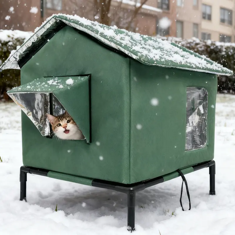 Elevated Waterproof Outdoor Cat House - Foldable Portable 4-Season Shelter for Stray Cats, Weatherproof Cat Villa