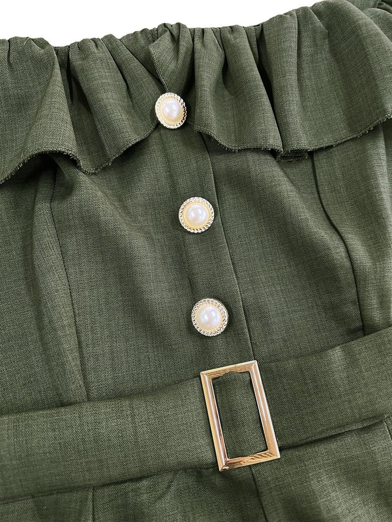 New Women's Square Neck Ruffle Mock Front Belted Button Pants, Casual Fitted Long Pants for Spring & Fall, Elegant Commuter Wear Jumpsuit