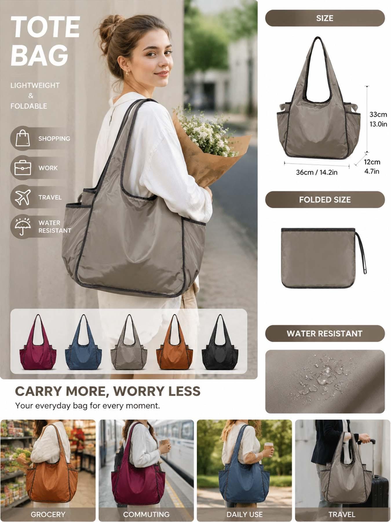 Foldable Nylon Tote Bag with Dual Pockets, Waterproof Soft Shoulder Bag for Women, Lightweight Shopping Bag, Large Capacity Daily Use, Multiple Colors Available