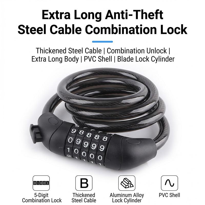 Bicycle Lock, 5-Digit Resettable Combination Cable Lock, with Mounting Bracket, Security Lock for Bikes, Scooters, E-Bikes, Motorcycles, Fences, Gates, Bicycle Accessories