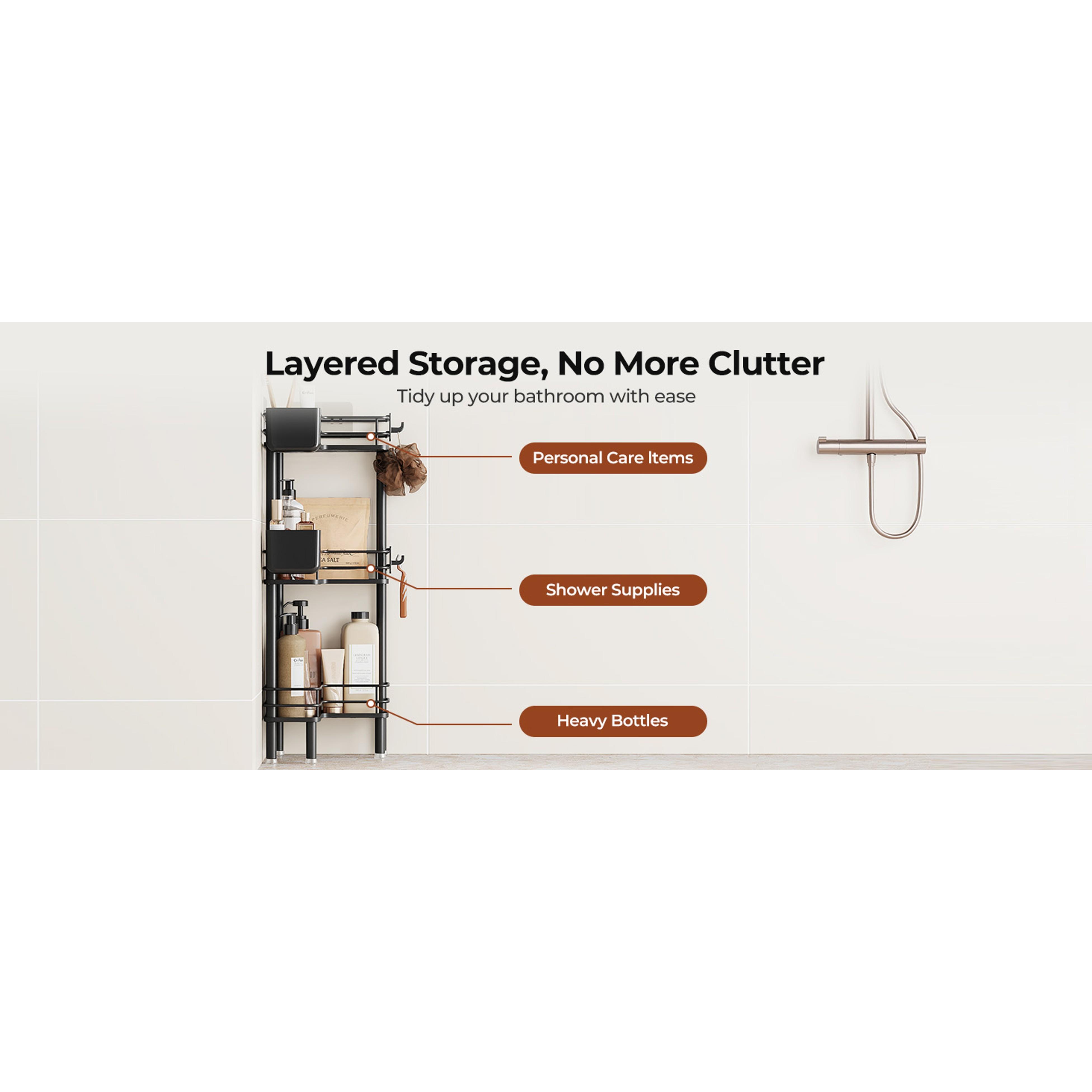 Rustproof 3 Tier Floor Standing Corner Shower Caddy Organizer with Toothbrush Holder, Large Spacing Floor Shower Shelf Rack Storage Stands with Hooks for Bathroom Kitchen, Black