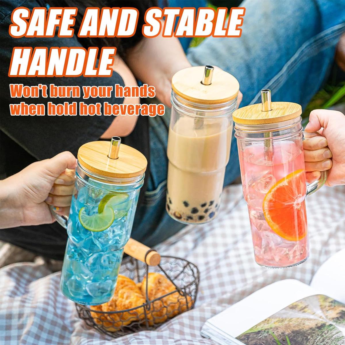2/4 Pack Glass Cups with Lids and Straws, 24oz Glass Tumbler with Handle, Reusable for Smoothies, Tea, Juice, Boba, Travel Cup 2/4 Pack Glass Cups with Lids and Straws, 24oz Glass Tumbler with Handle, Reusable for Smoothies, Tea, Juice, Boba, Travel Cup