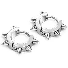 Unisex Punk Silver Stainless Steel Goth Rivet, Awl & Spike Huggie Piercing Hoop Earrings
