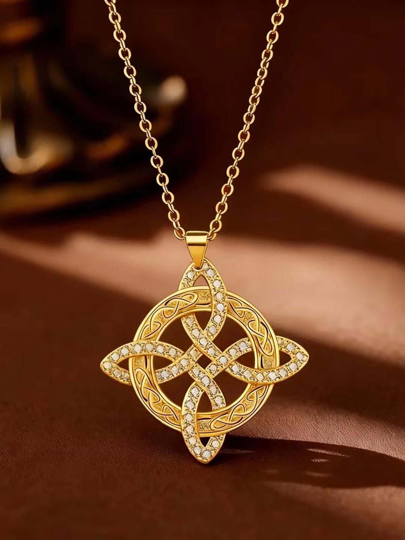 Classic Witch's Knot Necklace — A Luxurious Gold/Silver-Tone White Crystal Necklace for Women, Featuring a Zircon-Inlaid Trinity Knot. A Symbol of Good Luck, This CZ Pendant Serves as a Witchcraft Talisman and Protective Wiccan Jewelry.
