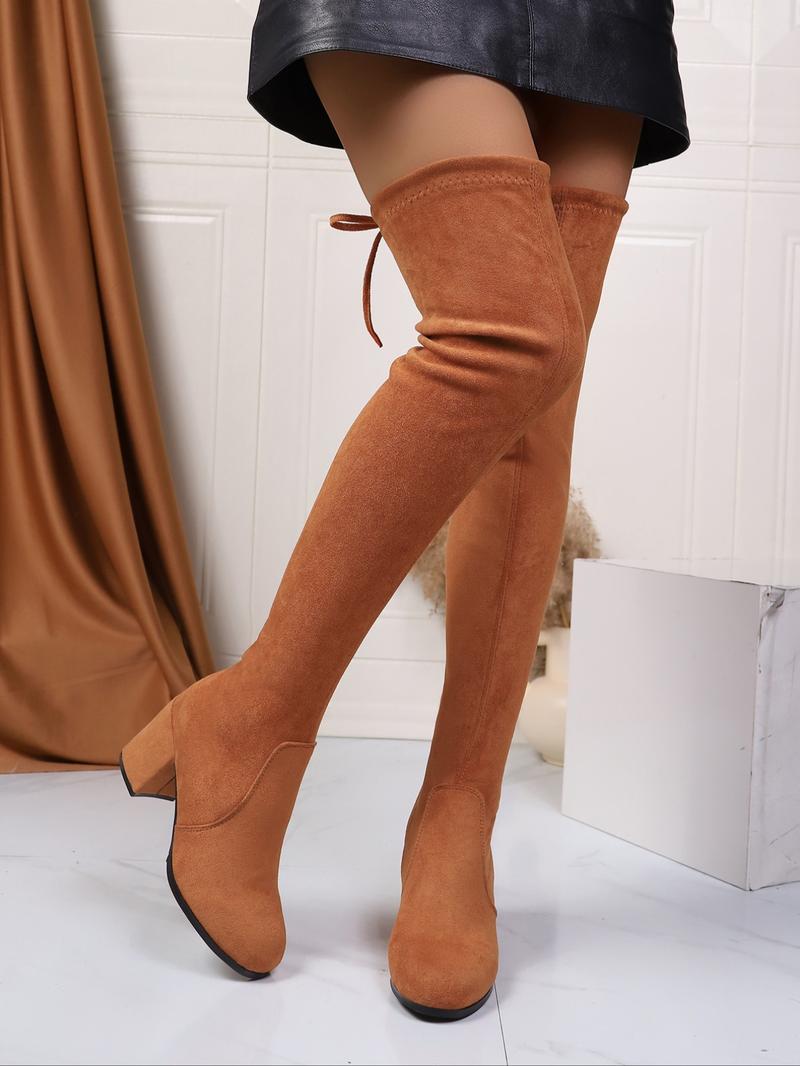 Elegant Solid Color Mid-Heel Over-the-Knee Boots, Fashionable Warm and Comfortable Boots for Fall & Winter, Trendy All-Match Thick-Heeled Boots for Daily Wear