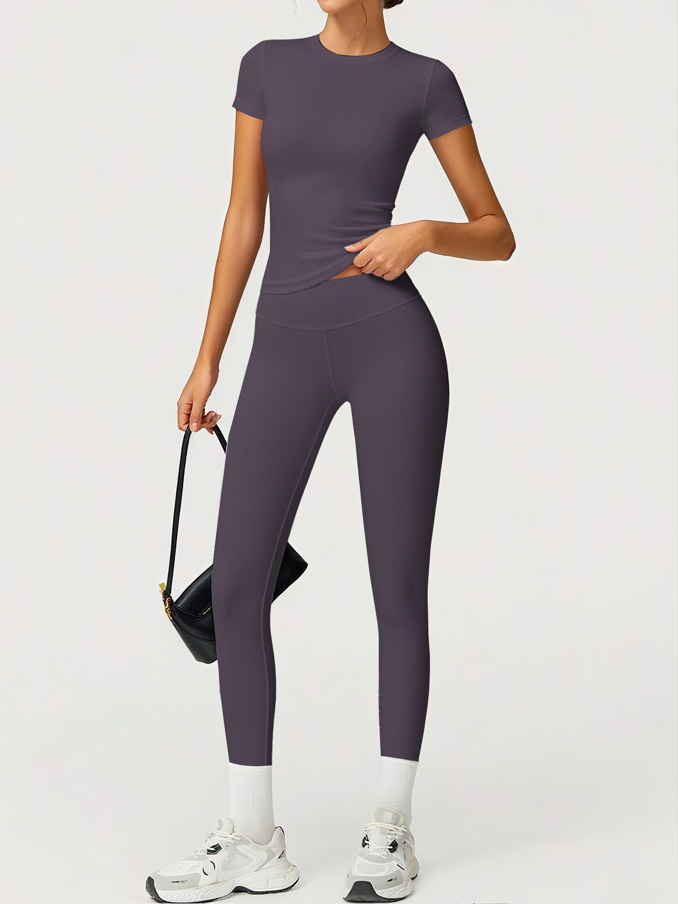 Women's Sporty Fitted Yoga Tracksuit Set, Soft Breathable Stretch Fabric Activewear Short Sleeve Top & Elastic Pants, Ideal for Fitness Running Outdoor Activities