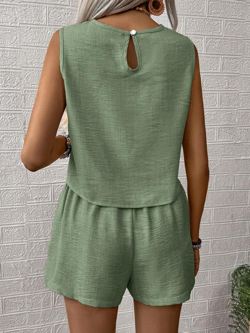 Women's Solid Color Crew Neck Tank & Shorts Two-Piece Set, Casual Short Sleeve Top & Shorts, Summer Clothes for Ladies Outdoor, Matching Clothing Set Women