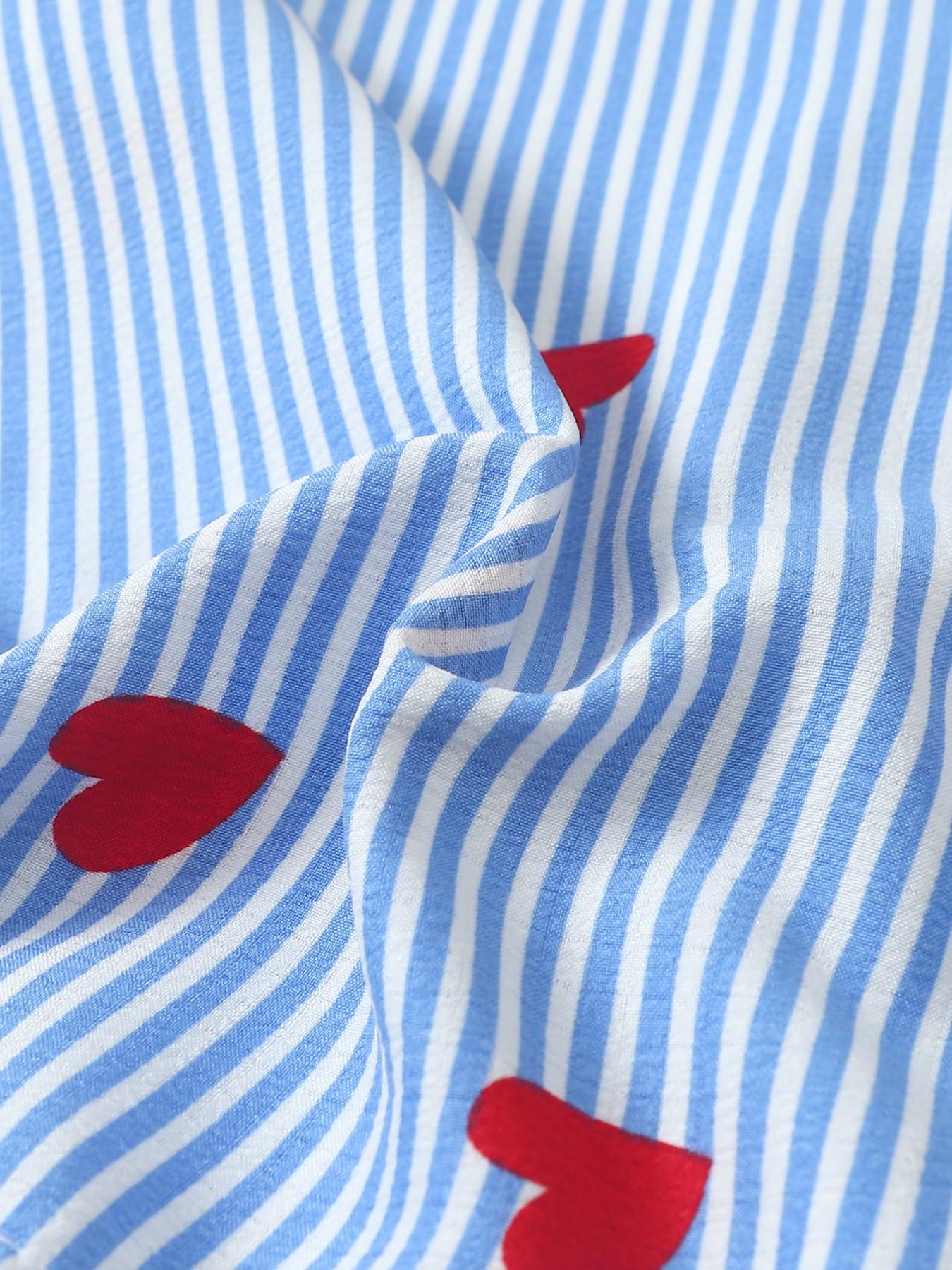 Heart Stripe Printed Women's Pajama Set, Feminine Cute Loungewear Nightwear, Sweet Collar Short Sleeve Top with Pocket, Bow Shorts, Casual Home Wear