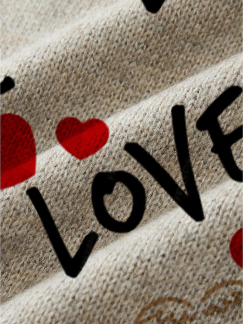 Heart and Letter Print Round Neck Sweater, Casual Short Sleeve Knitwear for Spring, Summer and Fall, Comfortable Warm Women's Clothing