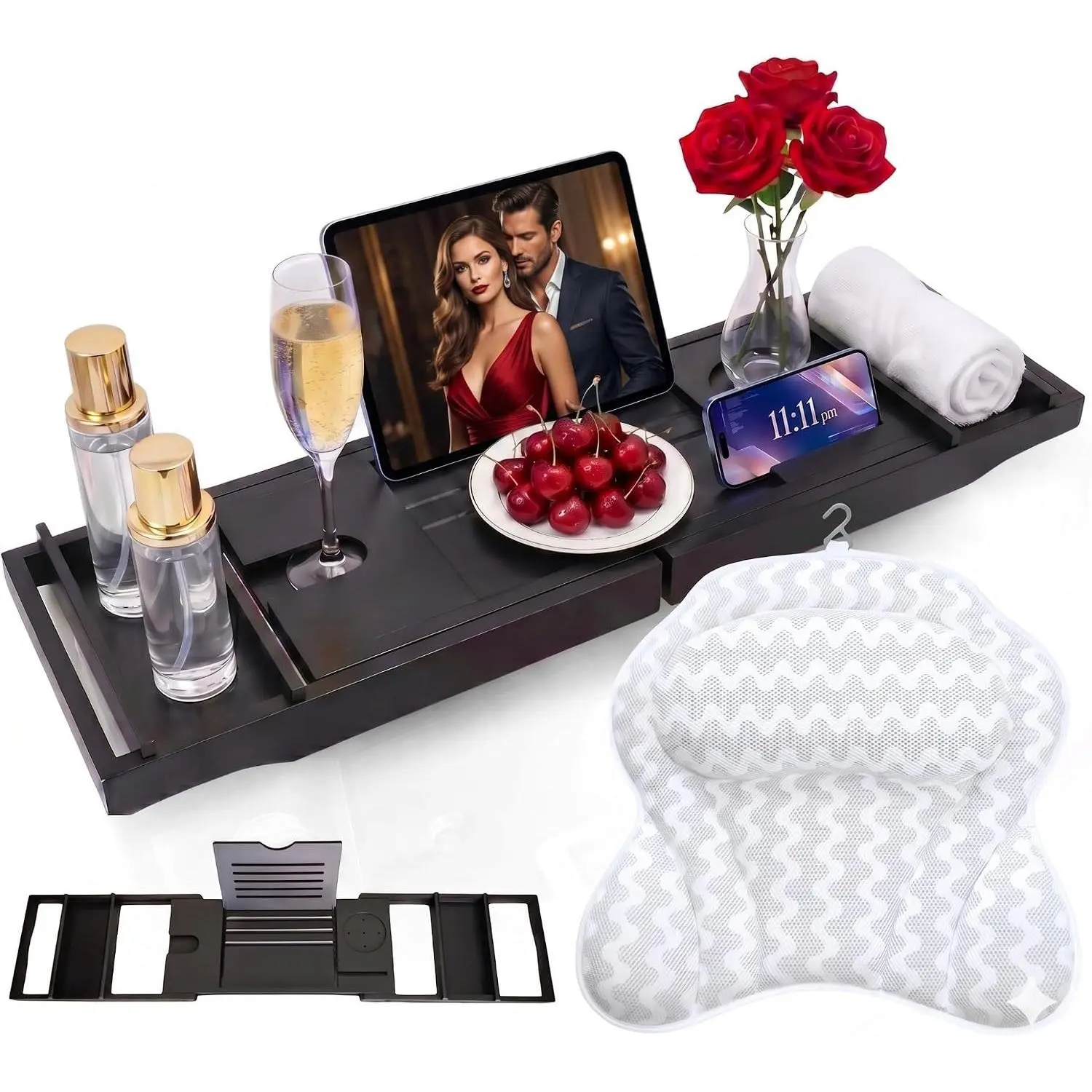 Bath Tray for Tub and Ergonomic Pillow Premium - Caddy Expandable 29 to 42.5 Inch -Foldable Bamboo Wood Tub Organizer - Luxury Bathtub Tray Wood Bamboo