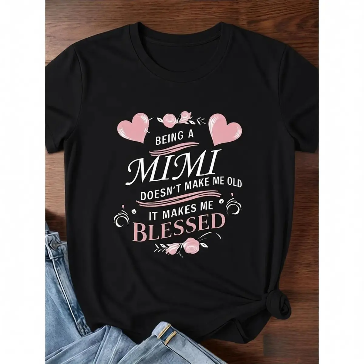 Women's Plus Size 'Being a Mimi' Graphic Print T-Shirt - Comfy Basic Cotton Round Neck Short Sleeve Tee Top, Inspirational Quote, Pink & Black Design, Relaxed Cut Casual Streetwear, Shortsleeve, Fabric, Fashion, Fit, Casual Wear, Crew Neck, Double Stitchi