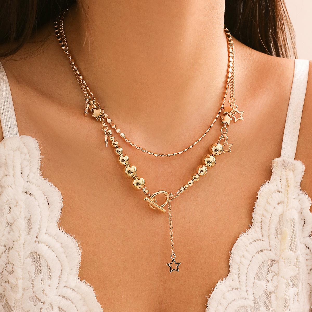Multi-piece Hip Hop Star Pendant Necklace Set - Edgy Spicy Girl Style with Round Ball Metal Bead Chains, Fashion Chain Decorated Streetwear Jewelry for Nightclubs, Casual Daily Wear, Beaded Chains, Metal Beads
