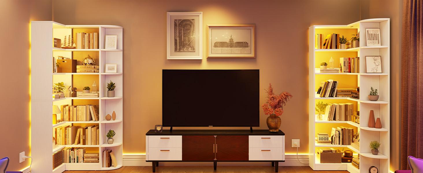 Yitahome 6 Tier Corner Bookshelf with LED Light, White Bookshelf L-Shaped Bookcase Storage Display Shelf for Home Office, Living Room