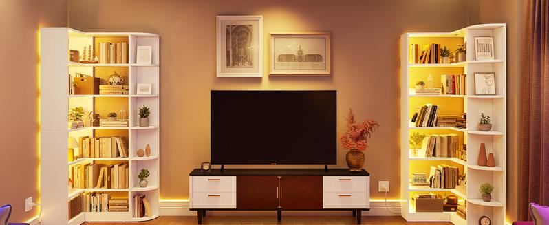 Yitahome 6 Tier Corner Bookshelf with LED Light, White Bookshelf L-Shaped Bookcase Storage Display Shelf for Home Office, Living Room