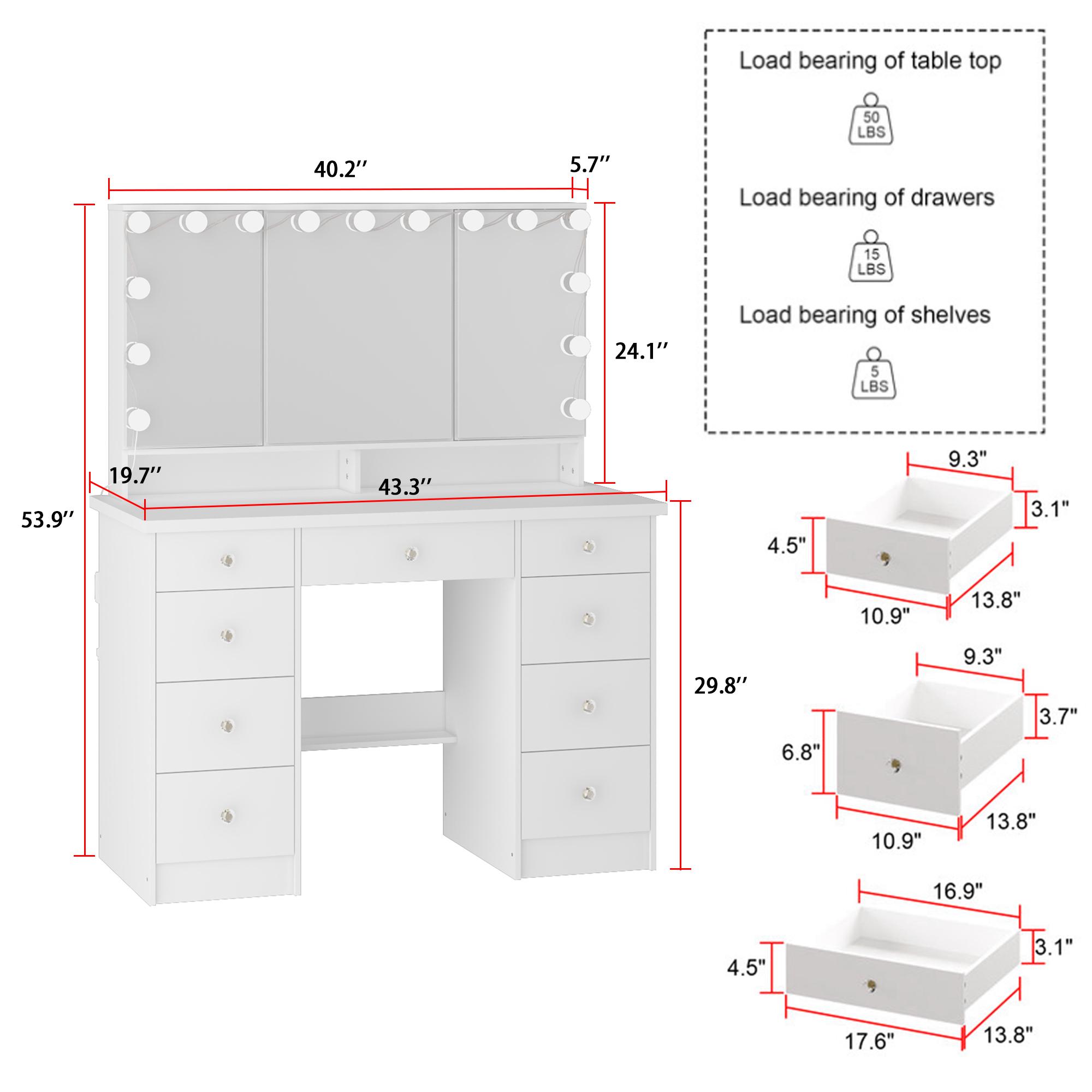 FUFUGAGA-43.3"W Vanity Desk With 9 Drawers, Makeup Desk With 3-Mirror And Touch Screen Light, Dressing Makeup Table For Bedroom