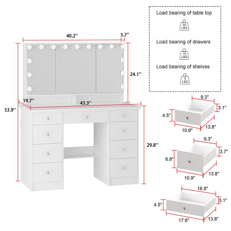 FUFUGAGA-43.3"W Vanity Desk With 9 Drawers, Makeup Desk With 3-Mirror And Touch Screen Light, Dressing Makeup Table For Bedroom