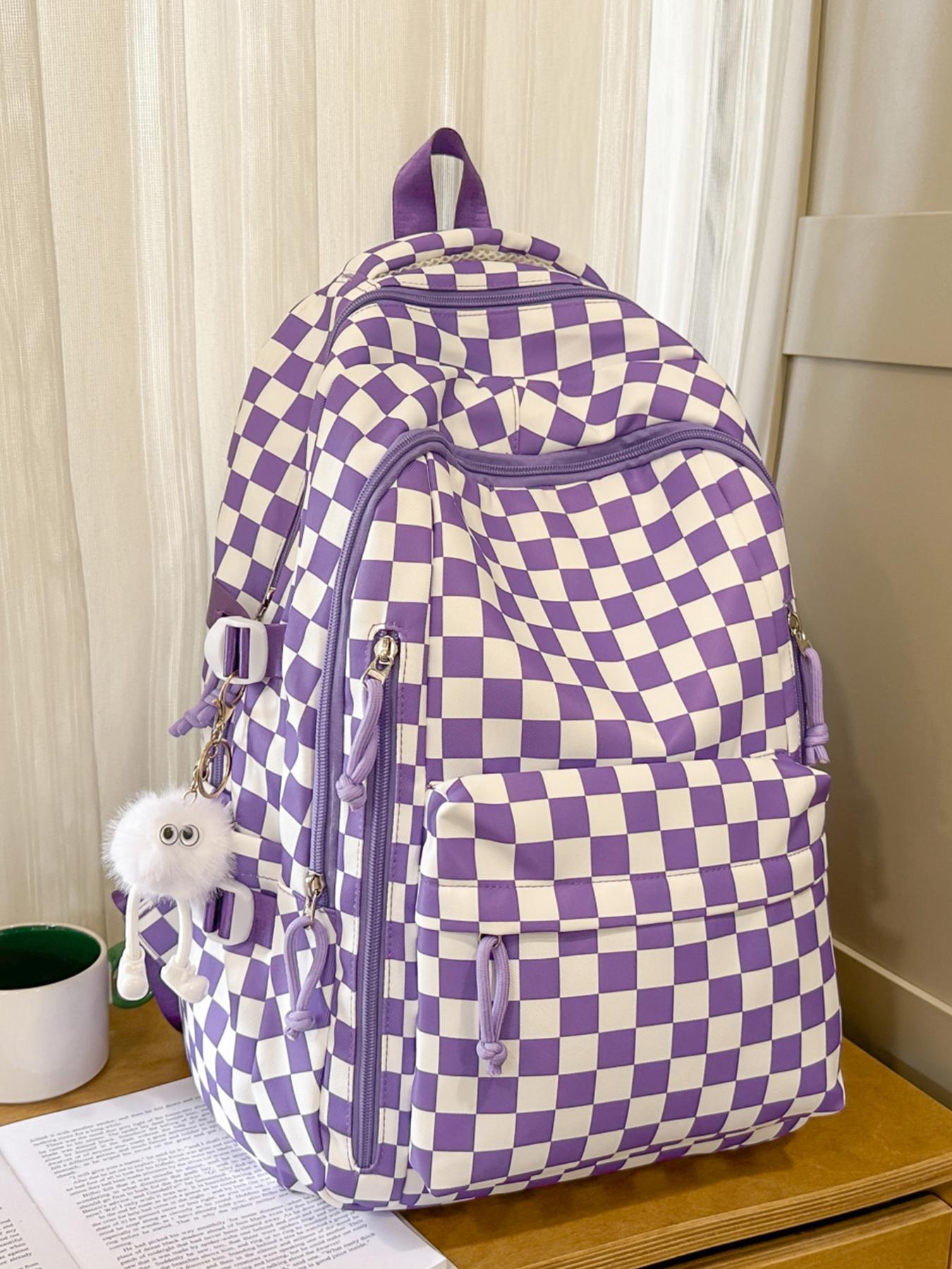 1pc  Women's backpack with large capacity, zipper closure, checkered pendant, fashionable and versatile, suitable for students to go to school, campus, go to work, commute, women's backpack, Plaid Pattern Backpack