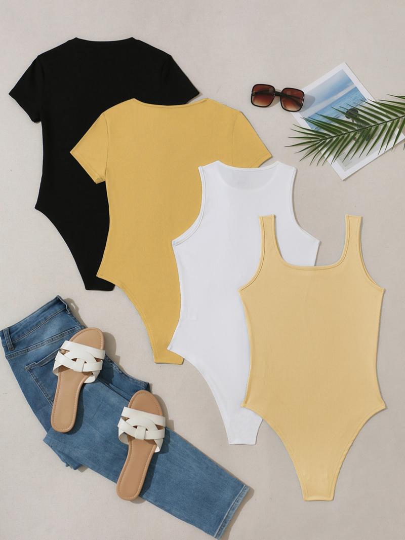 Women's Plain Scoop Neck Tank Bodysuit & Tee Bodysuit with Open Crotch Design, Stretchy Bodysuit, Casual Ribbed Bodysuit for Summer, Ladies Clothes for Daily Wear