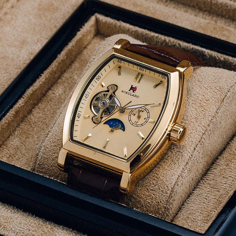 Luxury Automatic Mechanical Watch for Men, Analog Dial, Leather Strap, Moon Phase Display, Minimalist Barrel Design, No Battery Needed