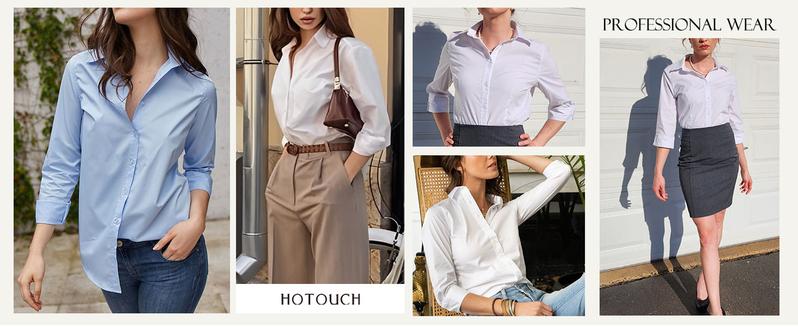 Women's Basic Button Down Shirts 3/4 Sleeve Stretch Button Up Dress Shirt Slim Fit Waitress Work Shirts Summertok citygirl Top Blouse