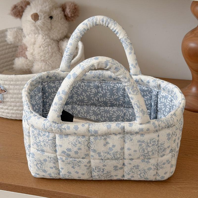 Flannel Peony Storage Basket, Floral Quilted Handheld Organizer, Desktop Living Room Bedroom Sorter, Cosmetic Bags