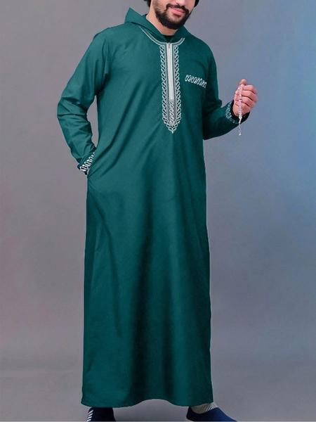 Men's Ethnic Pattern Embroidery Zipper Hooded Robe, Traditional Long Sleeve Pocket Jubba Thobe for Daily Wear, Men's Islamic Clothing for All Seasons, Traditional Arabic Robe