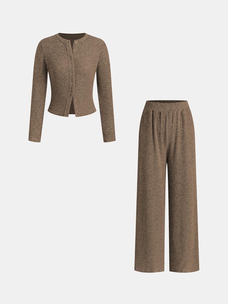 Women's Autumn Winter 2-Piece Set, Casual Round Neck Knitted Cardigan with Buttons & Loose-Fit Pants