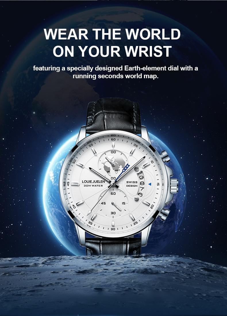 Elegant Men's Watch: Globe Design, 30m Water Resistance, Luminous Dial, Calendar & Chronograph | Stylish for Day & Business | Classic Timepiece Elegant Men's Watch: Globe Design, 30m Water Resistance, Luminous Dial, Calendar & Chronograph | Stylish for Day & Business | Classic Timepiece