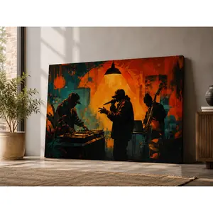 Jazz Band Canvas Wall Art, Live Music Performance Poster, Warm Vintage Music Room Decor for Living Room, Bedroom, Office, Studio, Lounge, Home Bar, Unframed Canvas Poster or Framed Canvas Wrap