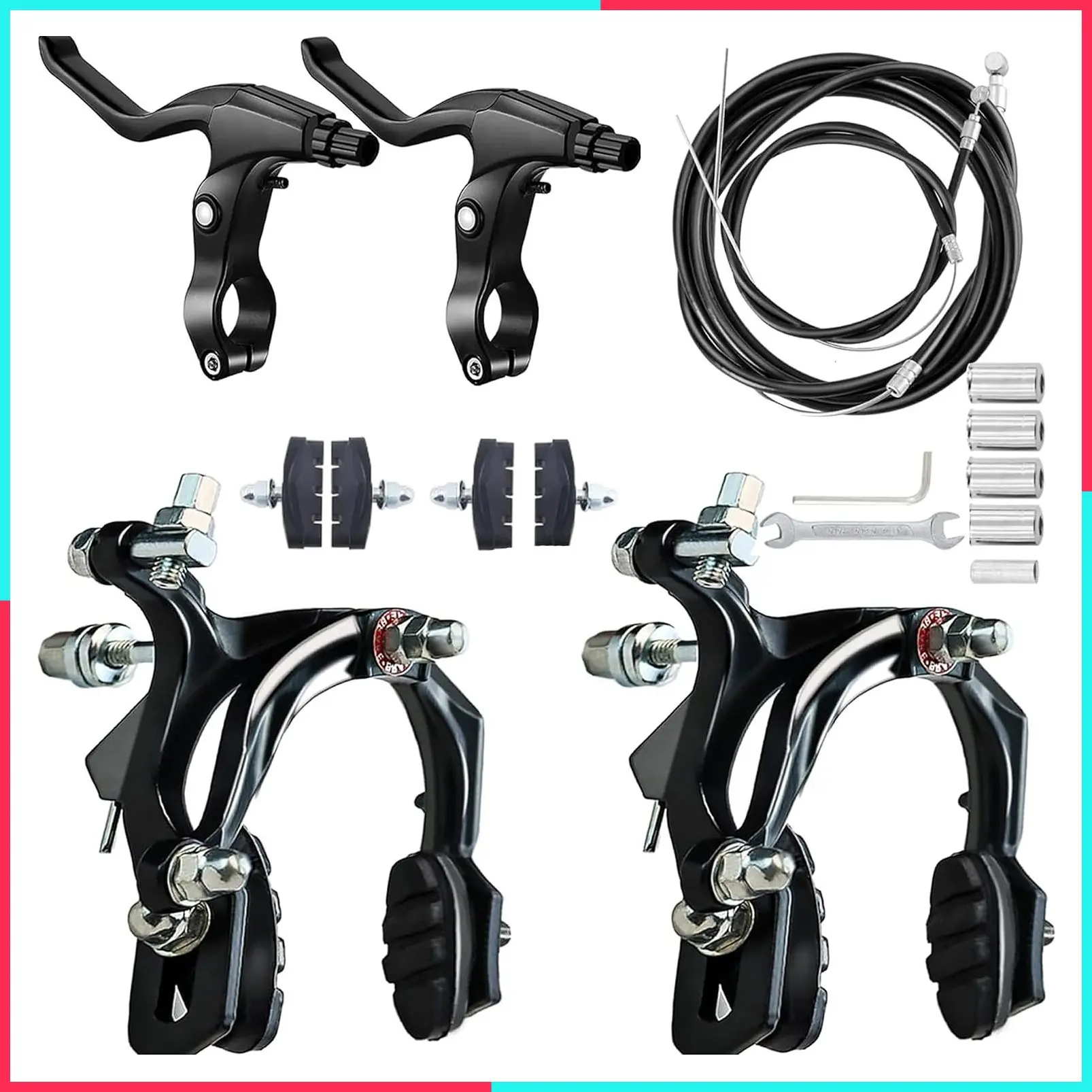 Bike Caliper Brakes Set Complete Front and Rear with Aluminium Alloy Brake Levers and Brake Cables for Student Kids Child and Commuter Bicycles Black