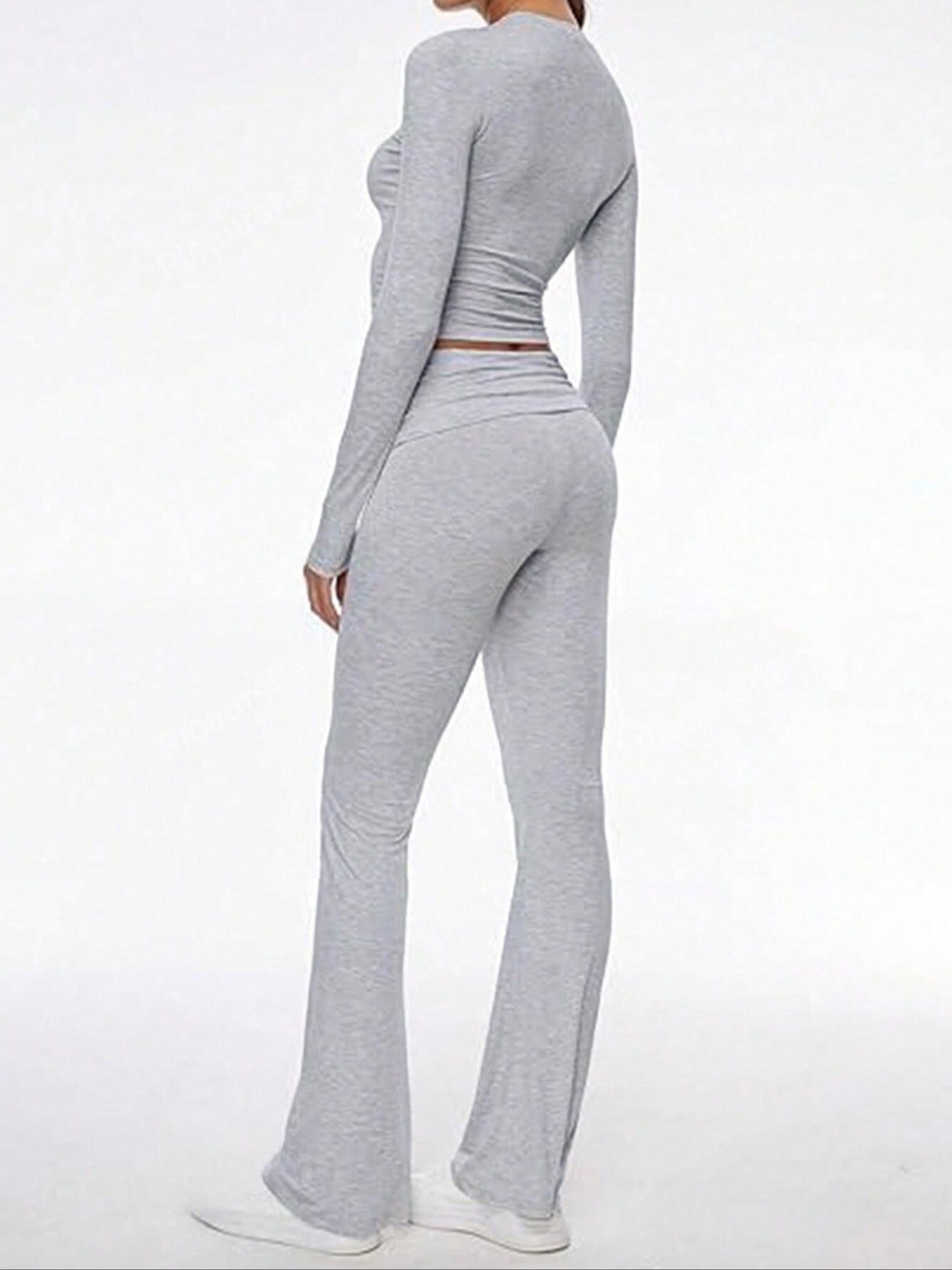 Women's 2 Piece Matching Set Long Sleeve Deep V Neck Crop Top and Foldover Flare Leggings Yoga Outfit,Women's 2 Piece Matching Set Long Sleeve Deep V Neck Crop Top and Foldover Flare Leggings Yoga Outfit Yoga Bottoms,Airport Outfit, Flare Leg Sports
