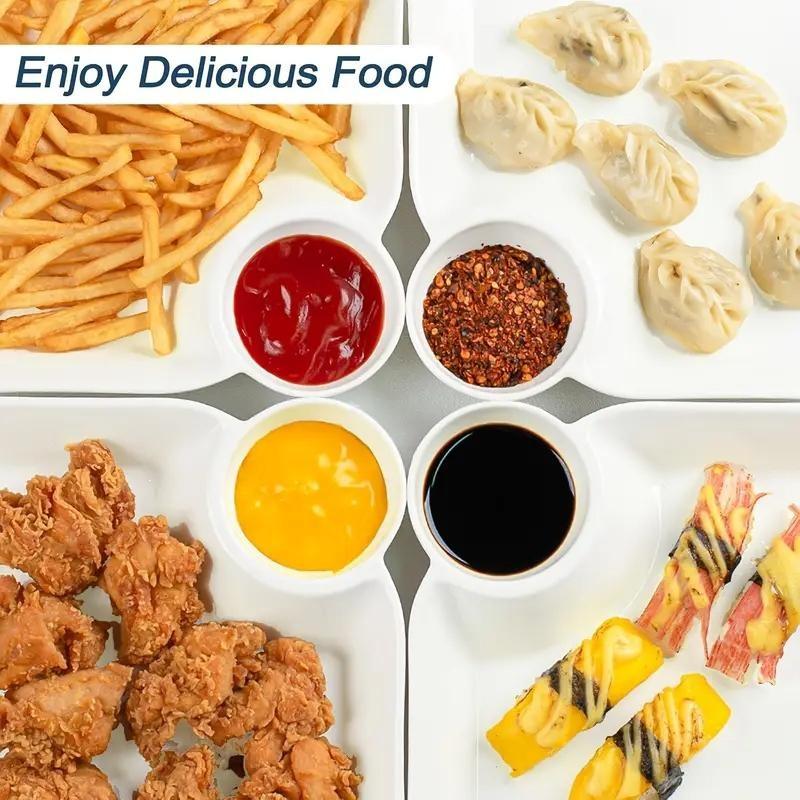 4 Plastic Dumpling Plates with Sauce Compartment, Serving Plate, Salad Plate, Snack Plate, Sushi Plate, Appetizer Plate, Tortilla Dip Plate, Party Plate, Picnic Plate Set, Plastic Food Plates, Dinnerware