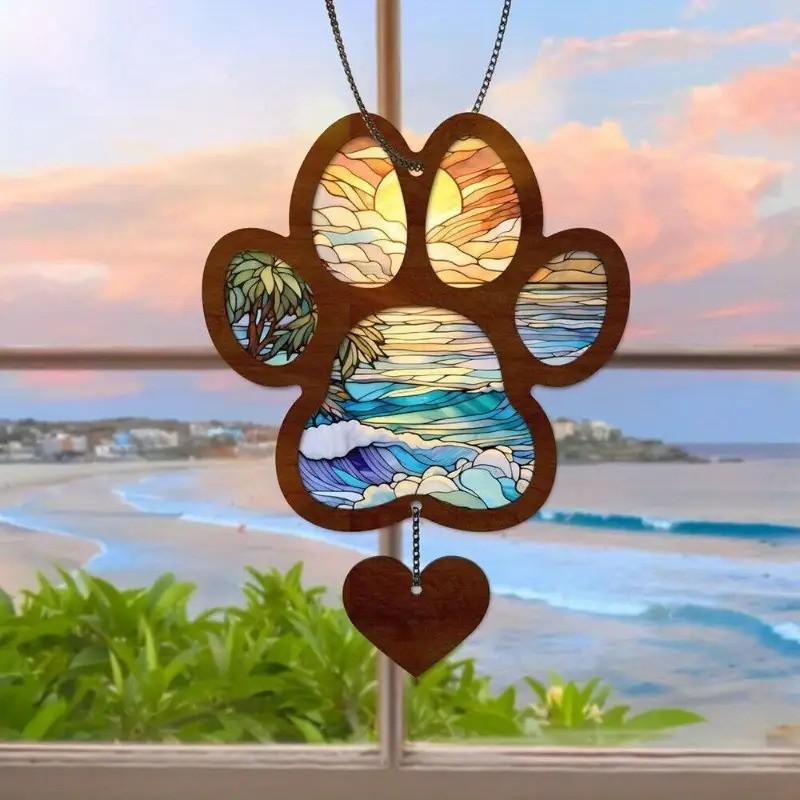Heart-Shaped Sun Catcher Hanging Ornament, Acrylic Painted Glass Art, Paw Print Pattern, Vibrant Sunset Colors, Memorial Gift for Pets