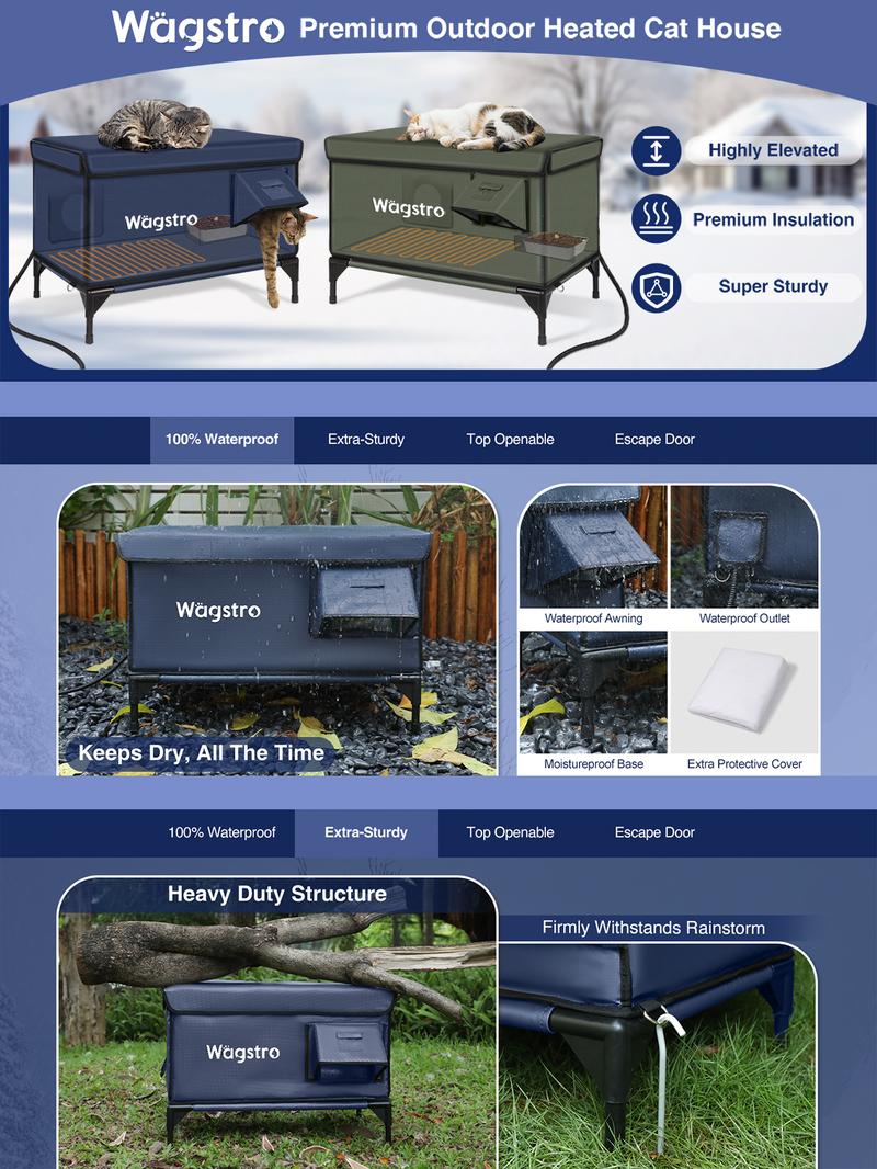 Clawsable Premium Heated Cat House for Outside in Winter, Elevated, 100% Waterproof, Safe Escape Door, Insulated Outdoor Feral Cat Shelter w/Heater for Stray Kitty