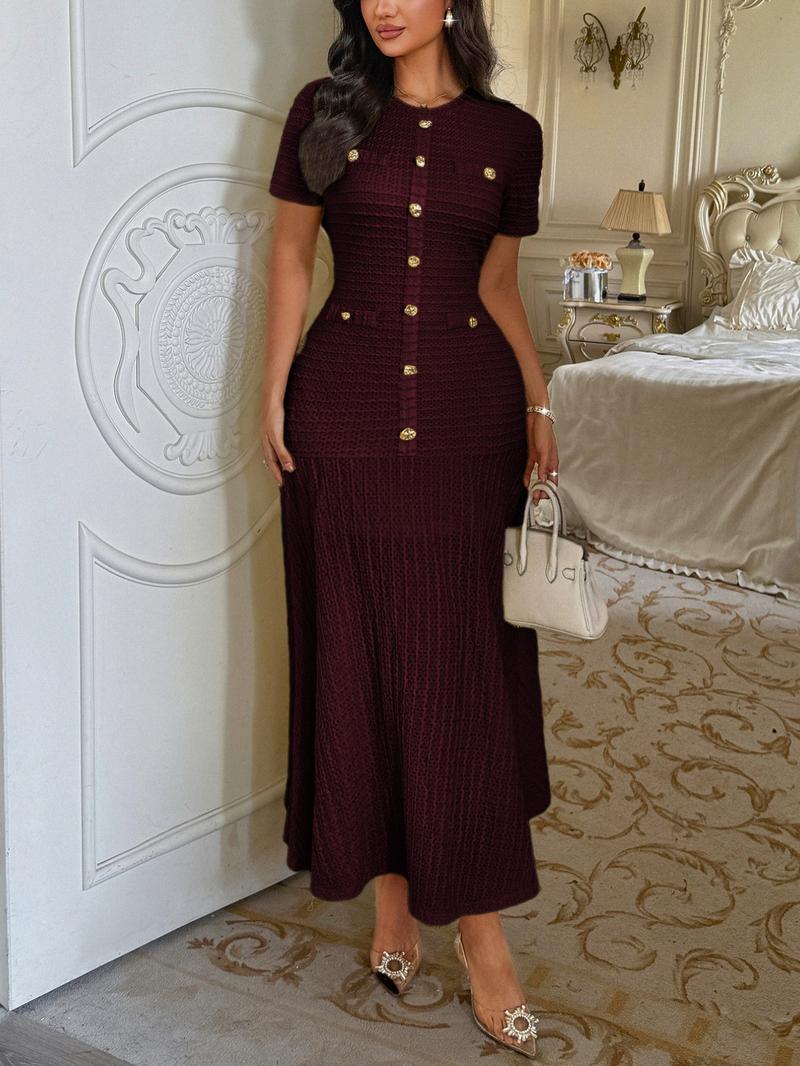 Pure Color Casual Button Decor Long Dress, Fitted Short Sleeve Plain Design, Women's Fashionable Long Gown for Everyday Wear