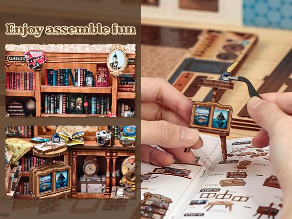 CUTEBEE DIY 3D Book Nook Kit Journey Trace Bookshop – Miniature Wooden Streetscape Bookstore with LED Light, Handmade 3D Dollhouse Decor | Holiday, Christmas and Black Friday Gift