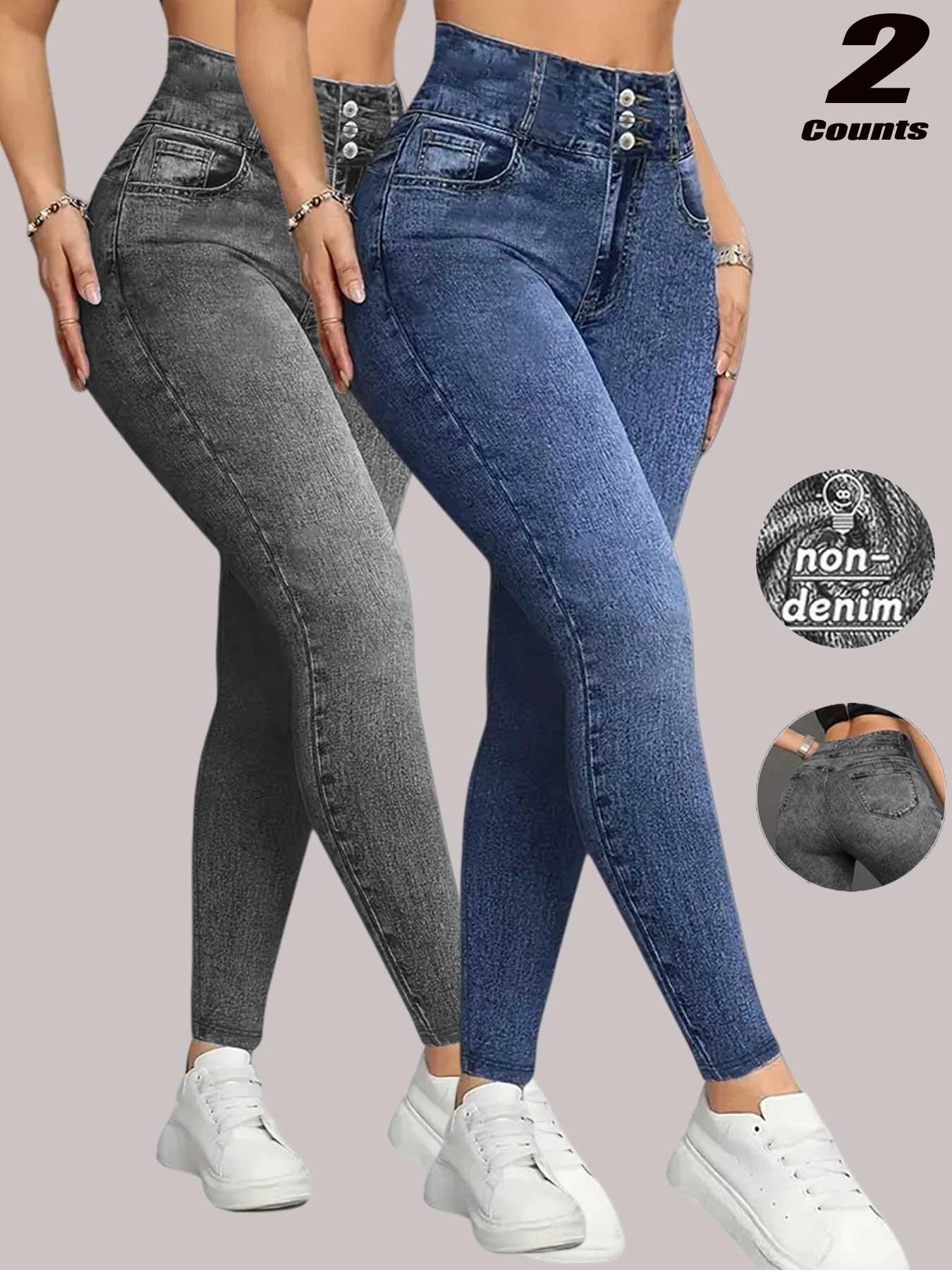 Women's High Waisted Stretch Denim Look Bottoms, Slim Fit Long Pants, Casual Sporty High Waist Butt Lifting Breathable Inner Layer Outerwear