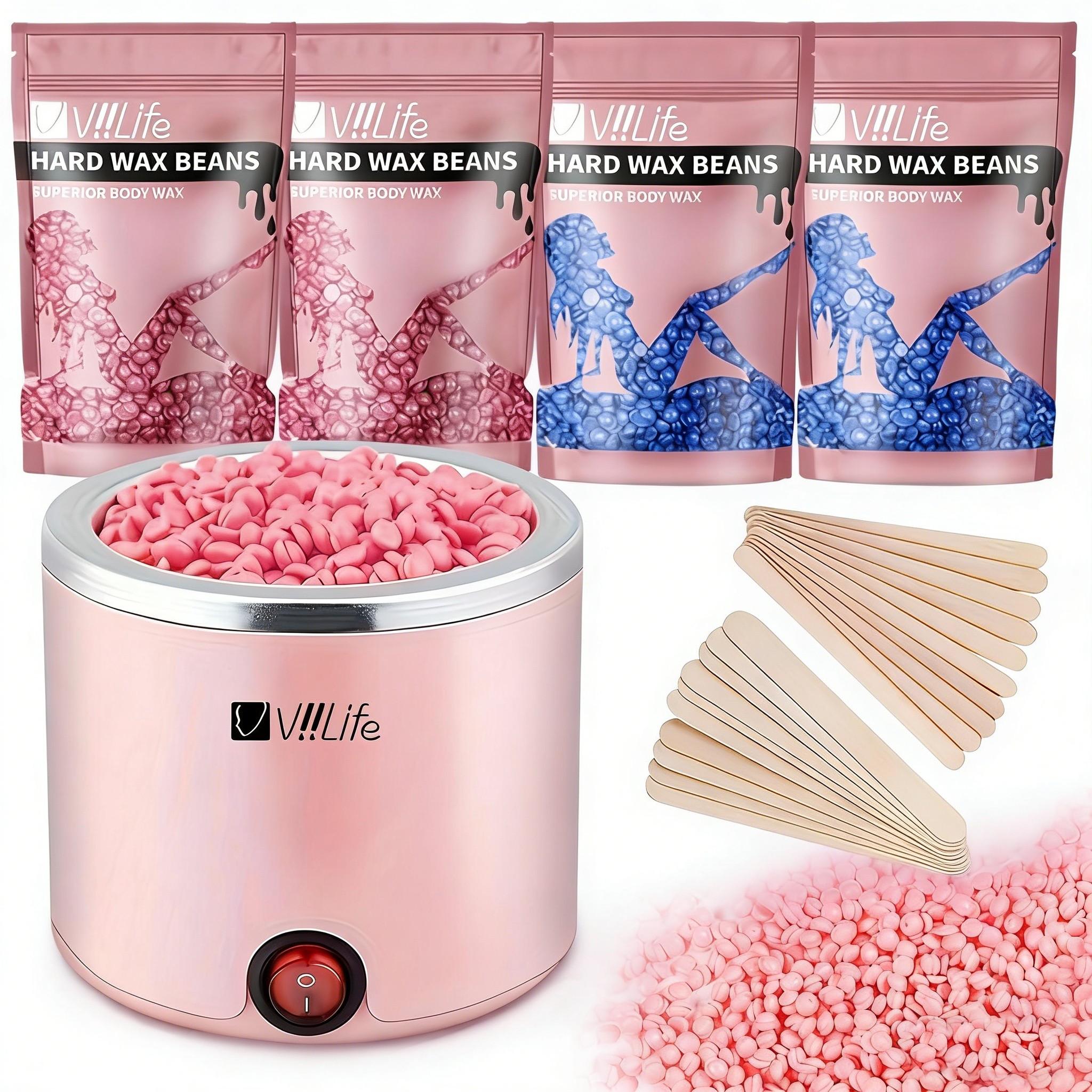 Viilife Wax Heater Depilatory Kit, Portable Wax Heater, Includes 4 Packs of Wax Beans and Sticks, Full Body Hair Removal Set for Beginners
