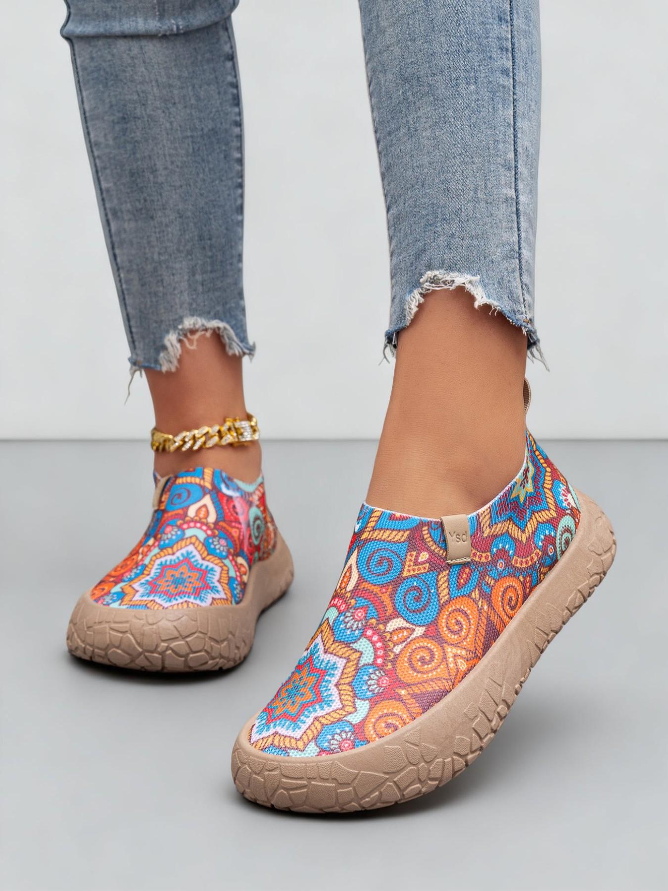 2026 New Women's Casual Shoes, Boho Print Sneakers, Slip-On Flat Shoes, Lightweight Soft Sole, All Seasons, Textile Upper, PVC Sole