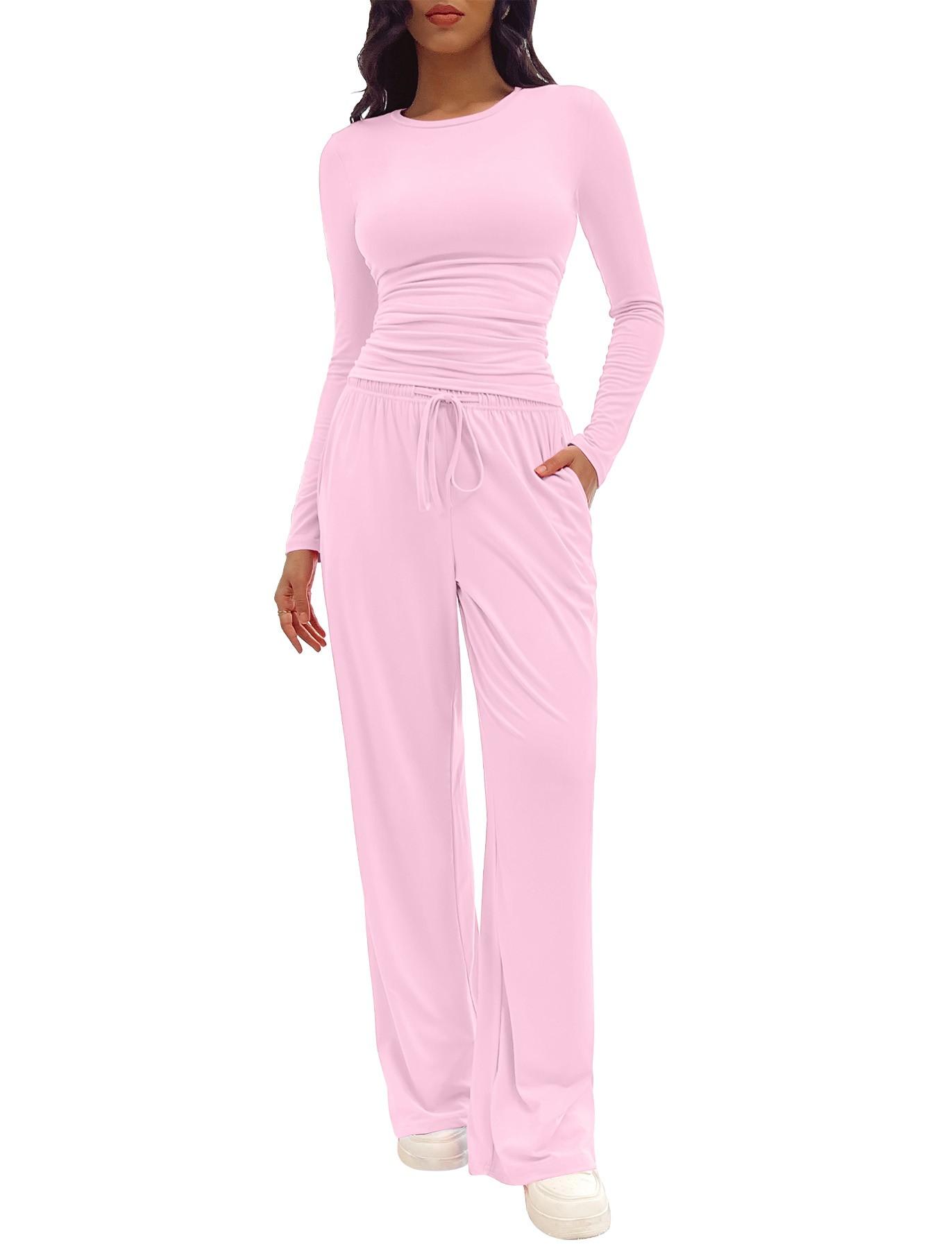 Women's Solid Ruched Drawstring Loungewear Set, Casual Long Sleeve Round Neck Top & Pocket Wide Leg Trousers, Ladies Sleepwear for All Seasons
