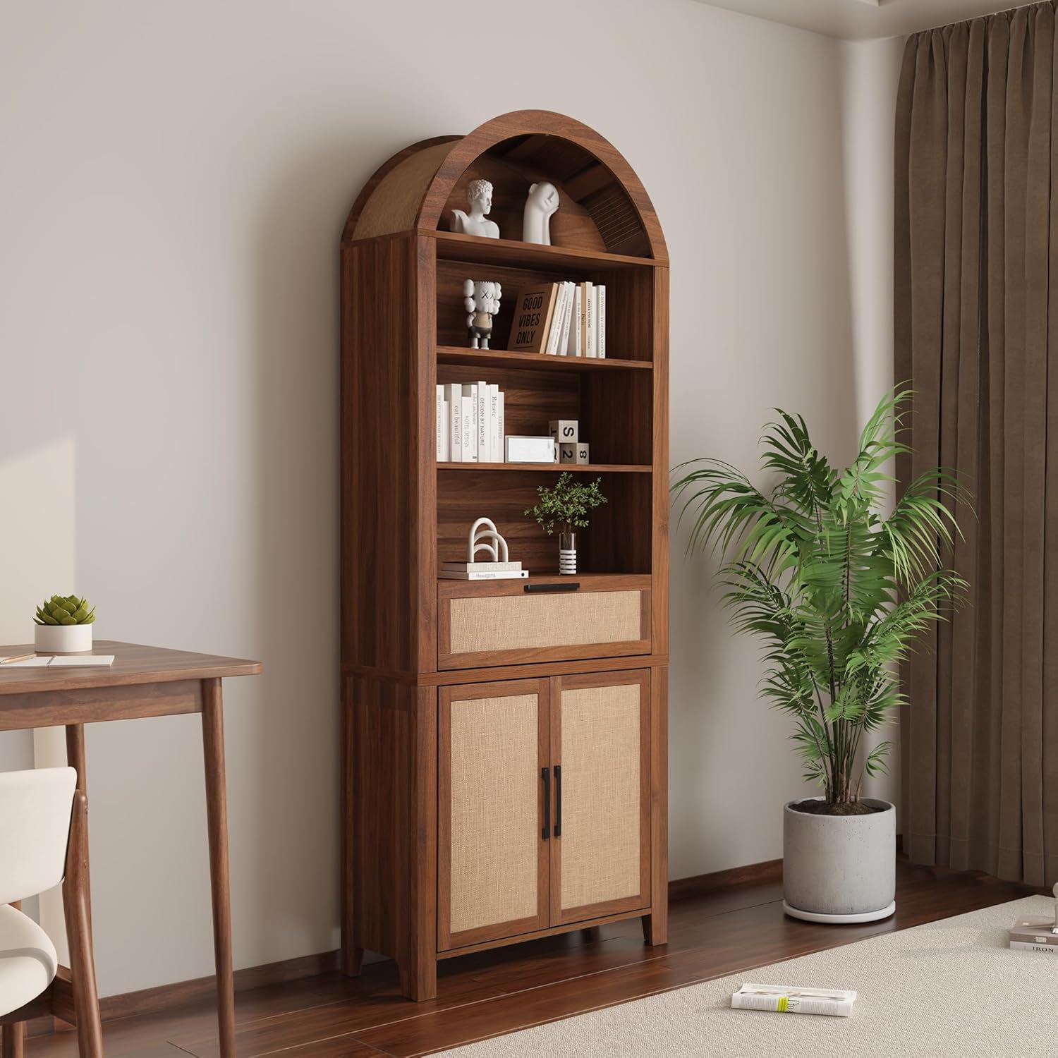 Giratree 79" Tall Arched Bookcase with Storage, Mid Century Modern 6-Tier Cabinet with Door and Drawer, Arched Bookshelf with Open Display Shelf for Office Living Room kitchen storage cabinet