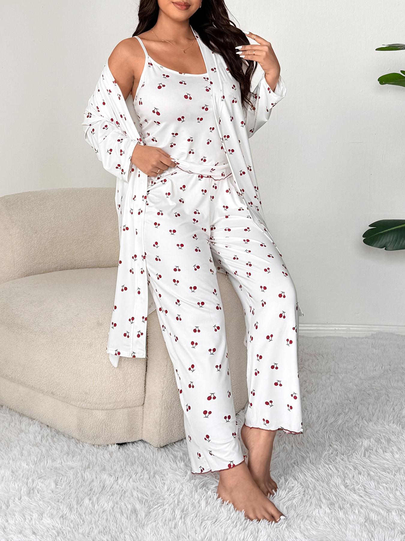 Plus Size Cherry Print Women's Sweet Comfortable Belted Robe & Sleeveless Long Pants & Cami Set, Three-Piece Pajama Sleepwear, Casual Home Wear Plus Size Cherry Print Women's Sweet Comfortable Belted Robe & Sleeveless Long Pants & Cami Set, Three-Piece Pajama Sleepwear, Casual Home Wear