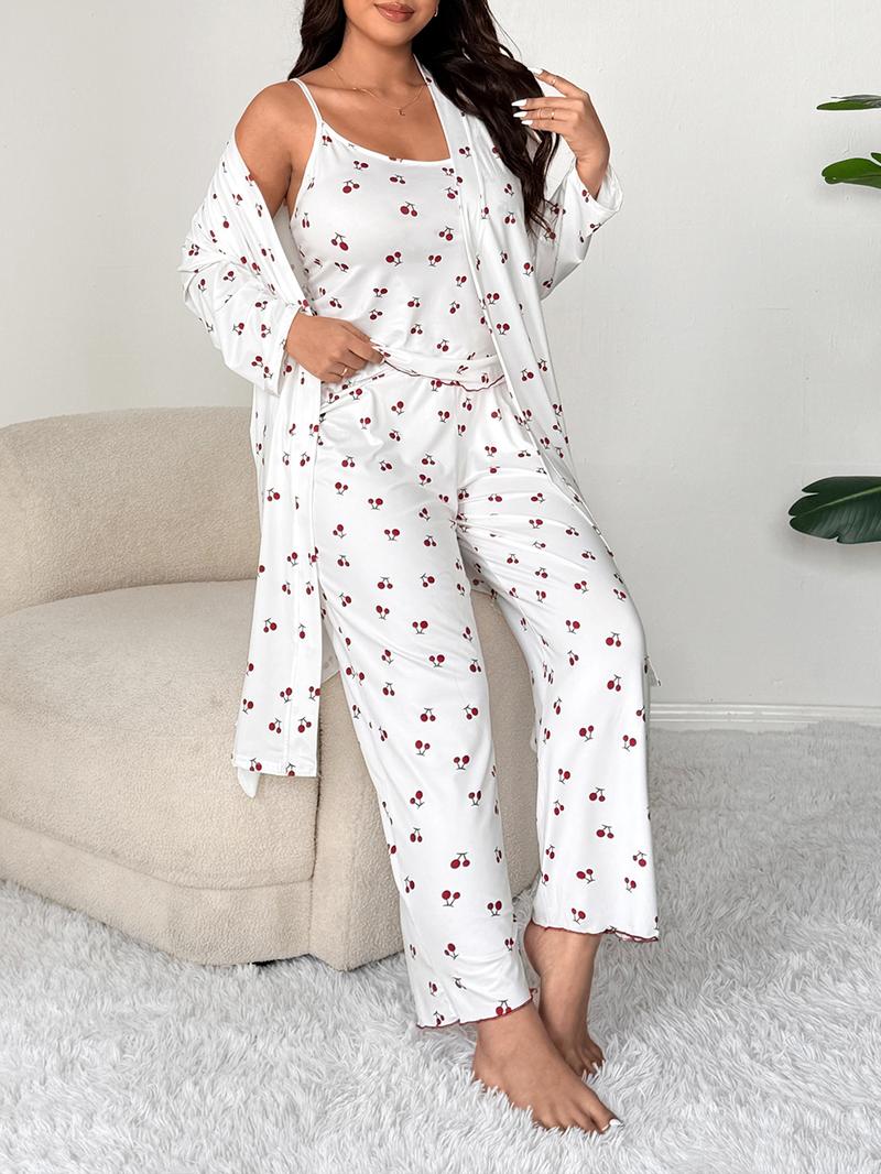 Plus Size Cherry Print Women's Sweet Comfortable Belted Robe Set, Sleeveless Long Pants Three-Piece Sleepwear, Casual Home Wear